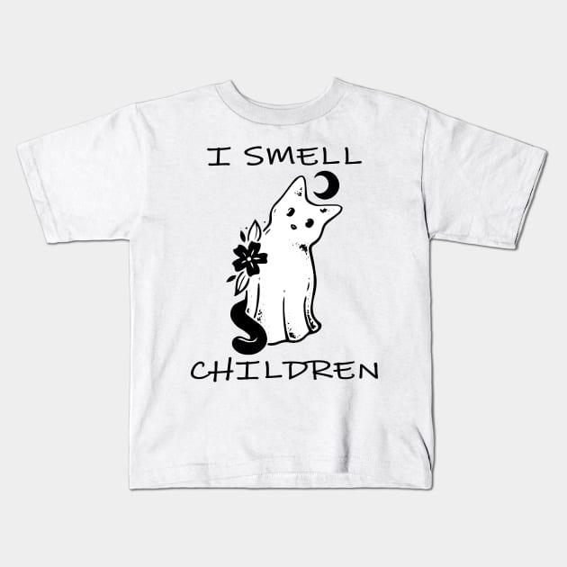 i smell children, funny halloween ghost cat Kids T-Shirt by lazykitty